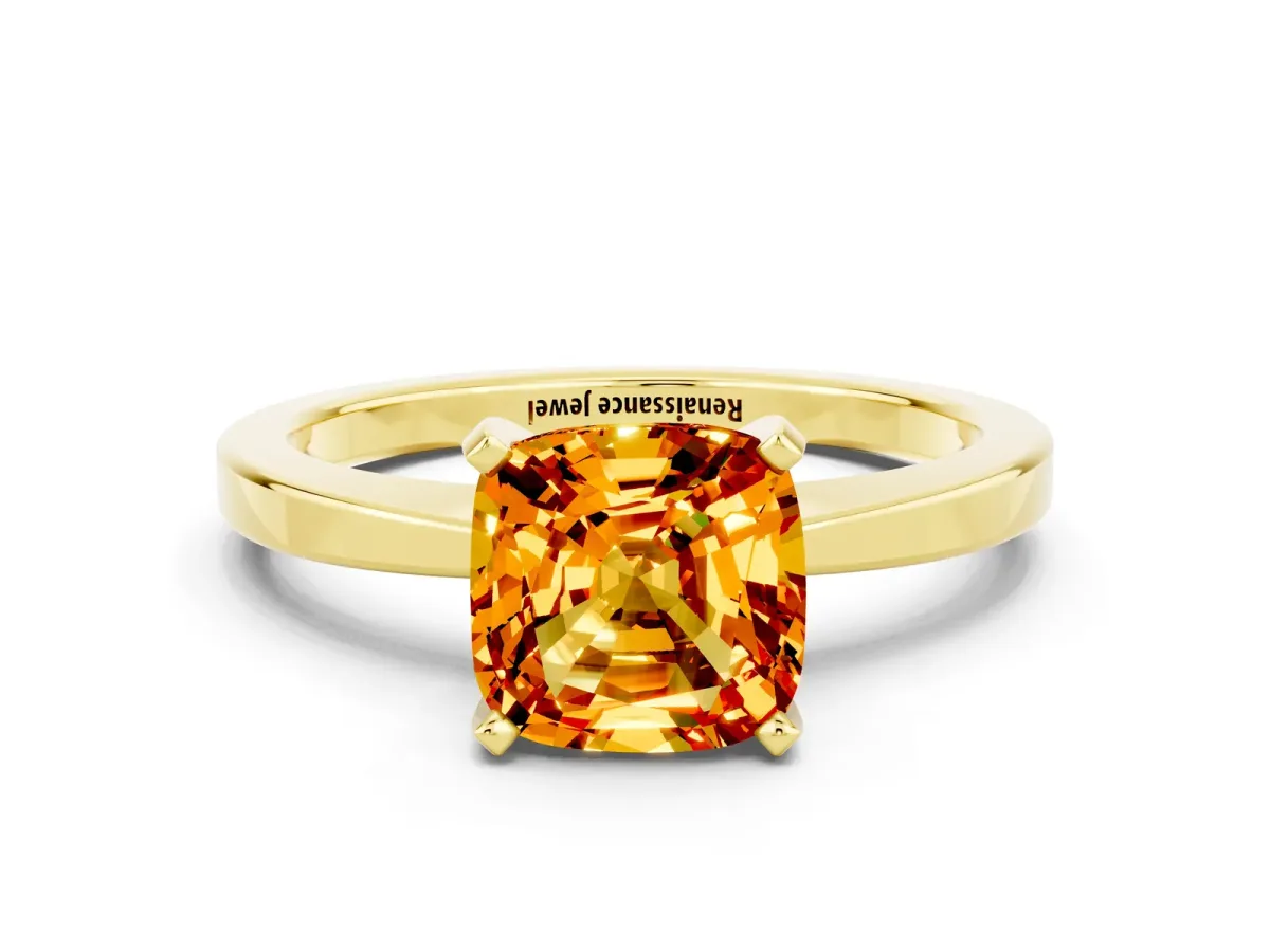 Cushion Cut Citrine Solitaire Engagement Ring with Classic Band and Four-Prong Setting Yellow gold