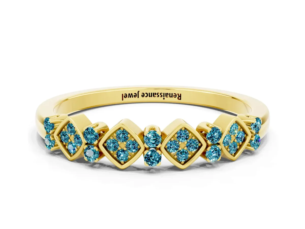 Pavé Cushion Blue Topaz Cluster Eternity Band with Prong Setting Yellow gold