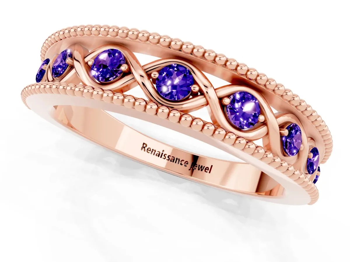 Round Tanzanite Twist Milgrain Band with Bezel Setting Rose gold