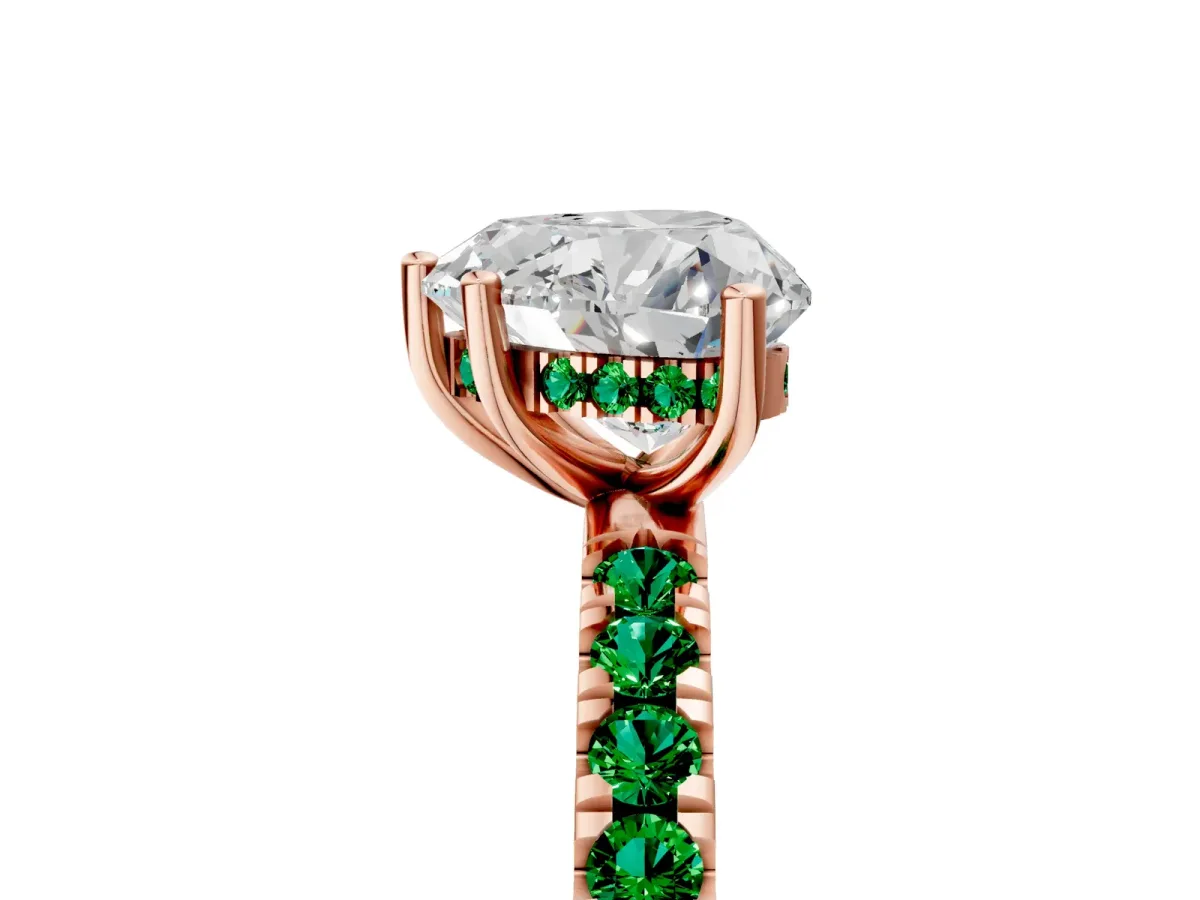 Heart Cut Diamond Pave Band Solitaire Ring with Round Emerald and Prong Setting Rose gold