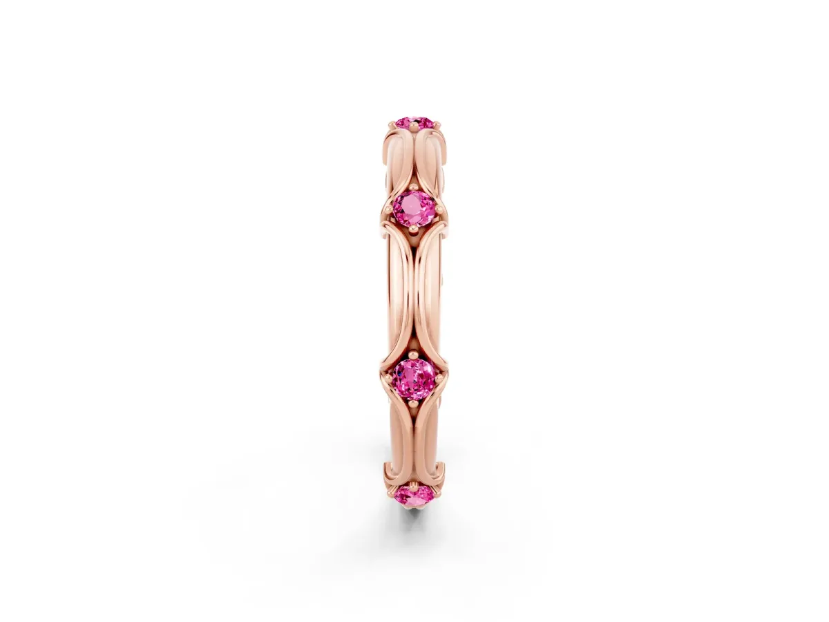 Round Pink Sapphire Prong Set Milgrain Eternity Band Rose gold