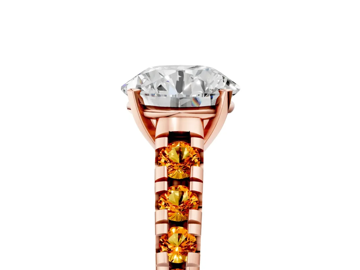 Round Cut Diamond Cathedral Solitaire Ring with Round Citrine Pavé Band Rose gold