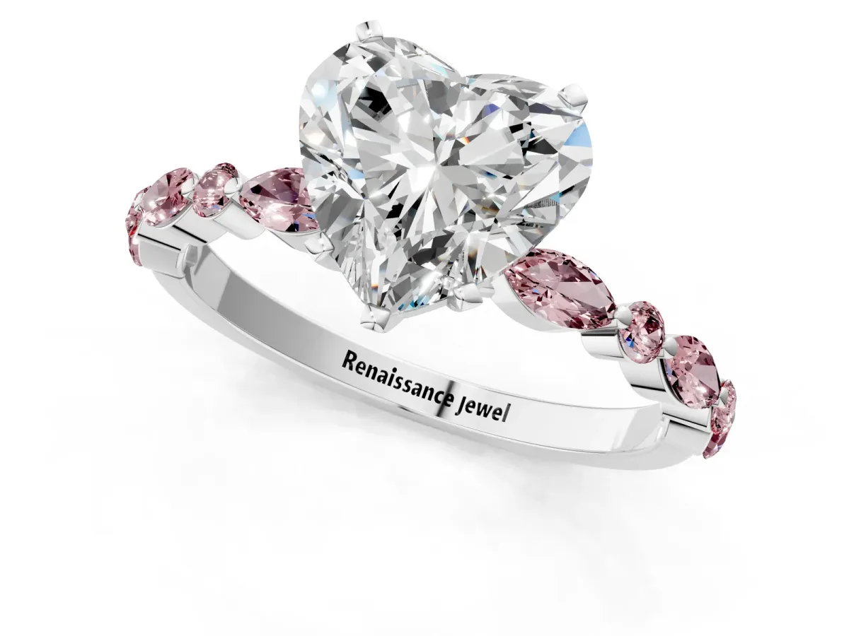 Heart Cut Diamond Ring with Marquise and Round Morganite Side Stones and Four-Prong Setting Silver