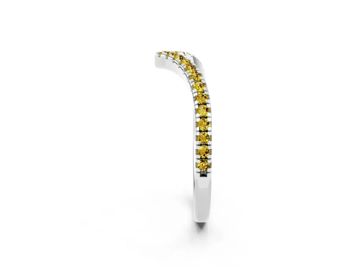 Pavé Round Yellow Sapphire V-Shaped Chevron Band with Shared Prong Setting White gold