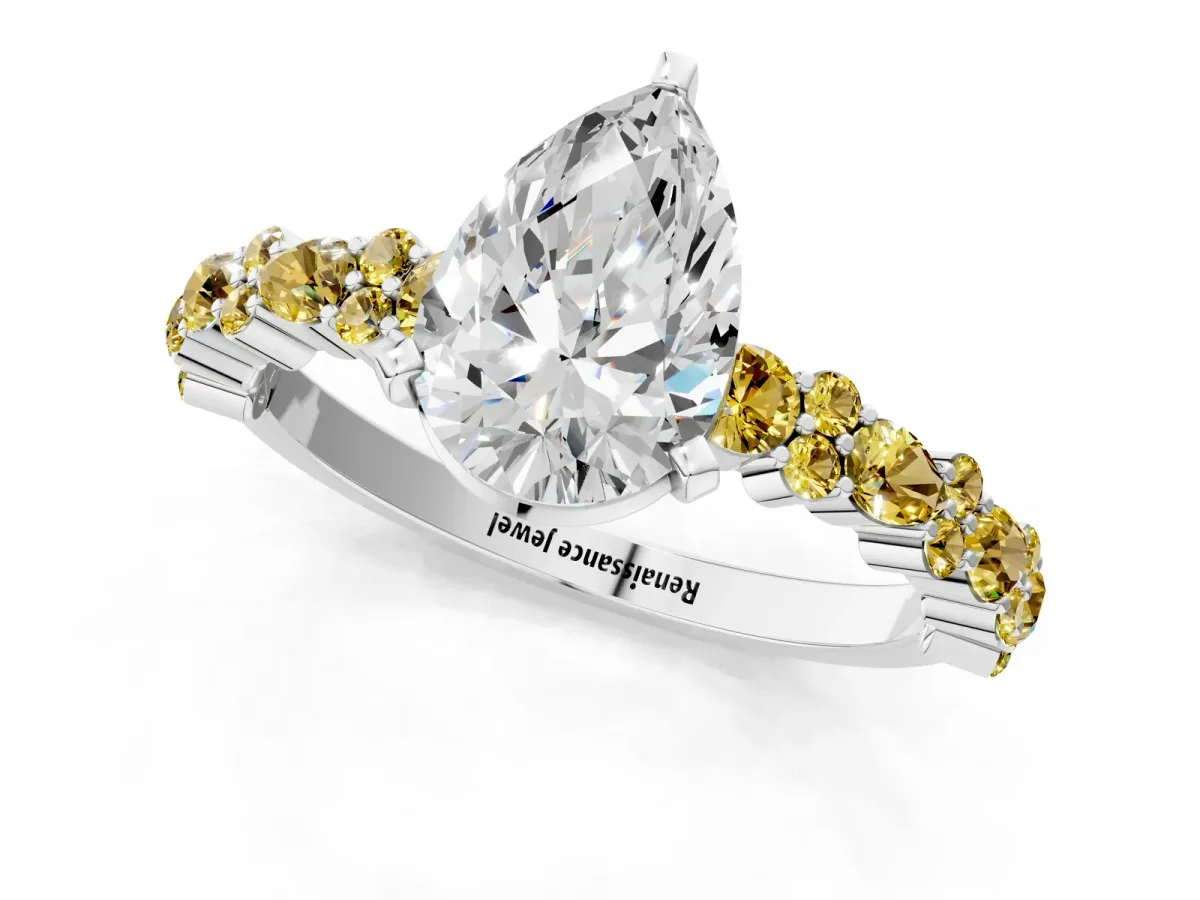 Pear Cut Diamond Side Stone Solitaire Ring with Round Yellow Sapphire and Four-Prong Setting Platinum