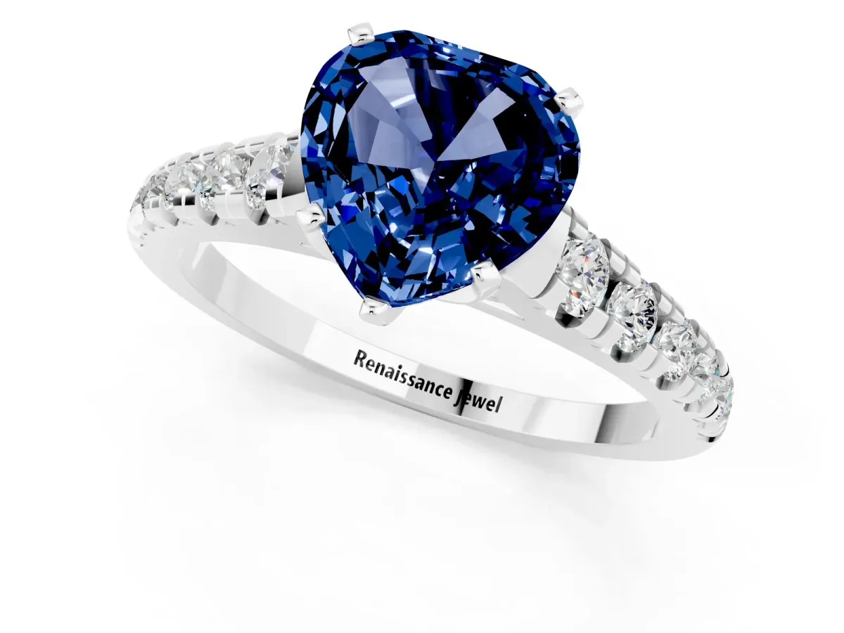 Heart Cut Blue Sapphire Cathedral Solitaire Ring with Round Pavé Band Platinum