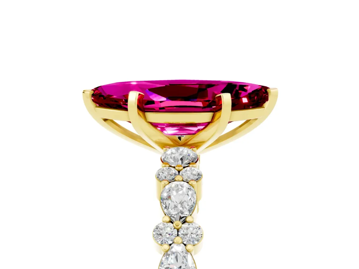 Marquise Cut Garnet Side Stone Solitaire Ring with Round and Four-Prong Setting Yellow gold