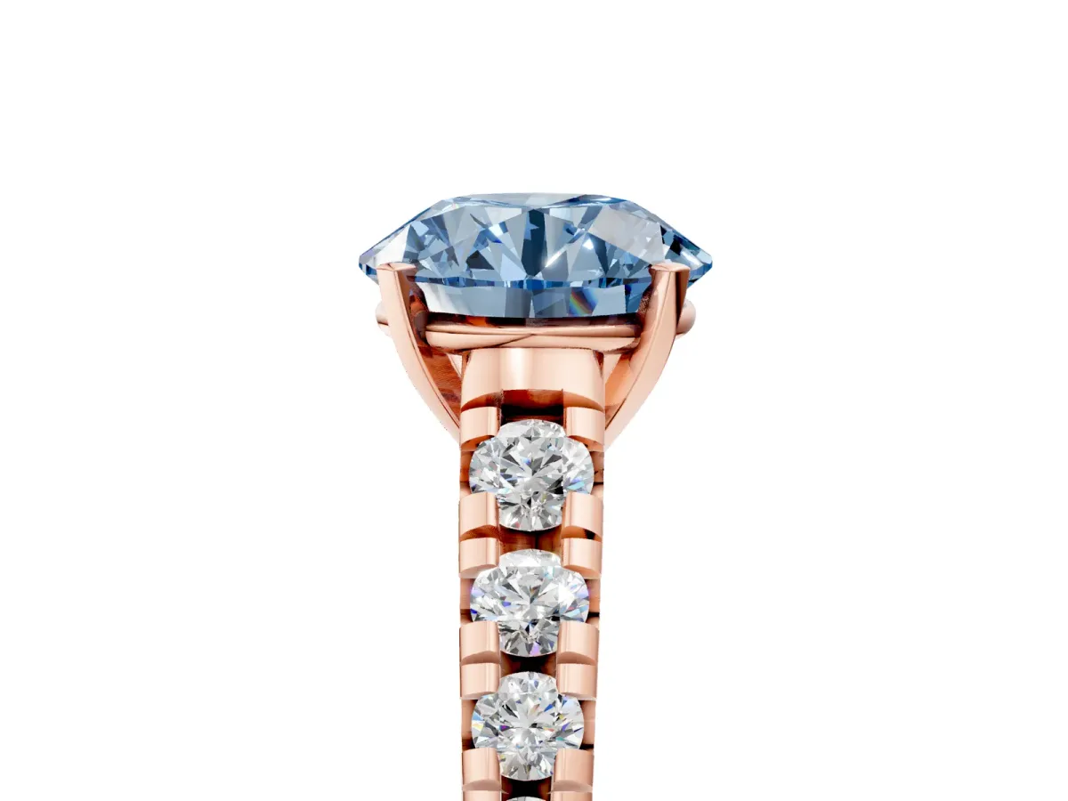 Fancy Blue Round Cut Diamond Cathedral Solitaire Ring with Round Pavé Band Rose gold