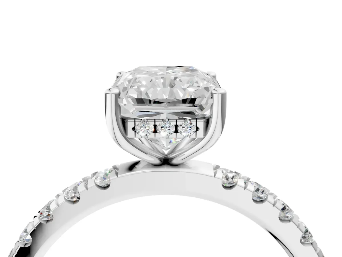 Radiant Cut Diamond Pave Band Solitaire Ring with Round and Prong Setting White gold
