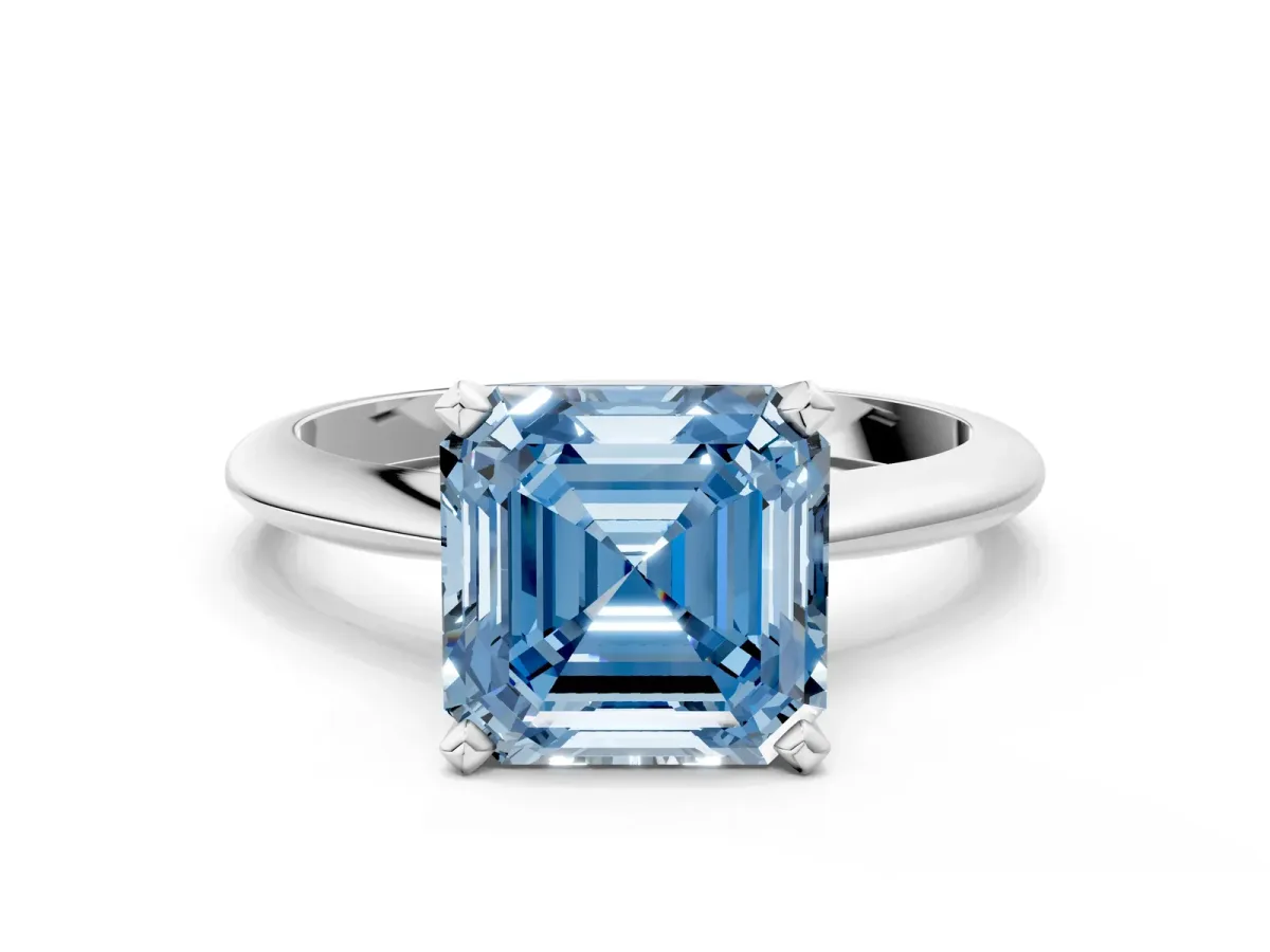 Fancy Blue Asscher Cut Diamond Solitaire Engagement Ring with Classic Band and Four-Prong Setting Platinum