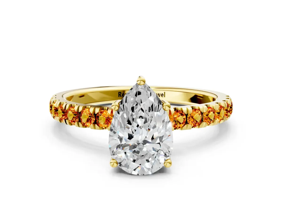 Pear Cut Diamond Pave Band Solitaire Ring with Round Citrine and Prong Setting Yellow gold