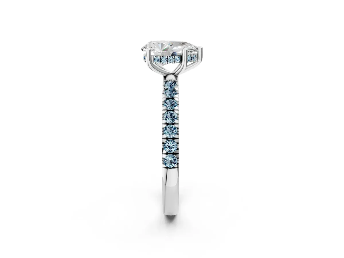 Pear Cut Diamond Pave Band Solitaire Ring with Round Aquamarine and Prong Setting Platinum