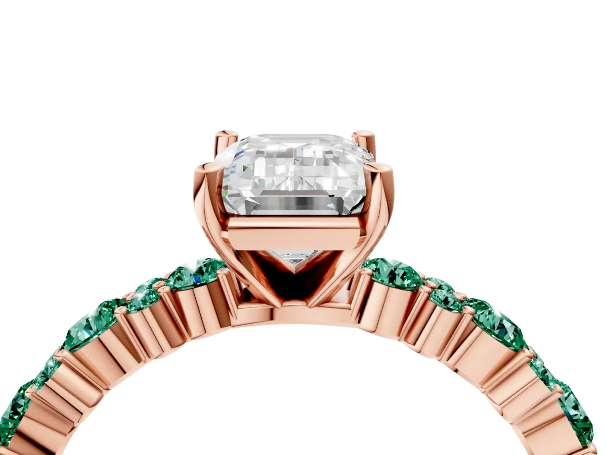 Emerald Cut Diamond Side Stone Solitaire Ring with Round Green Sapphire and Four-Prong Setting Rose gold
