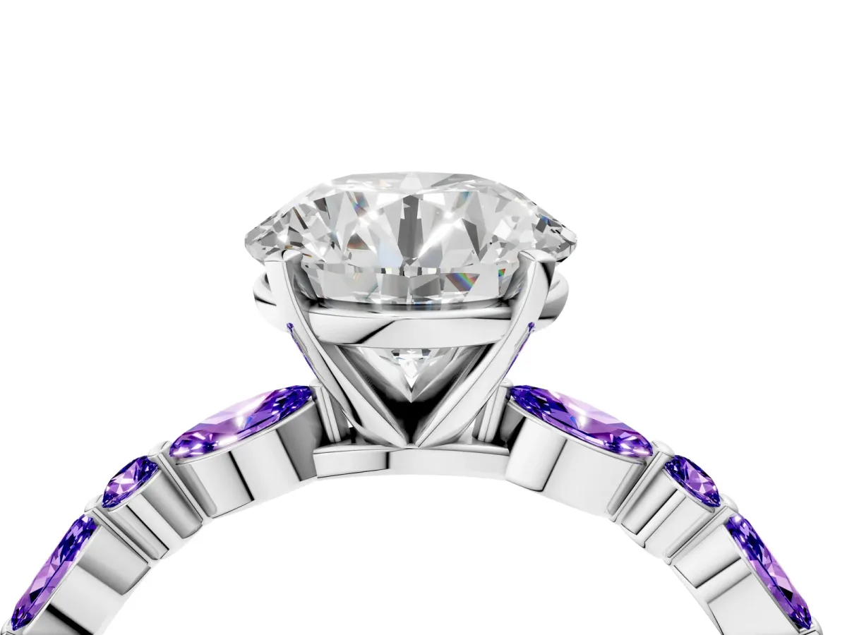 Round Cut Diamond Ring with Marquise and Round Tanzanite Side Stones and Four-Prong Setting Silver