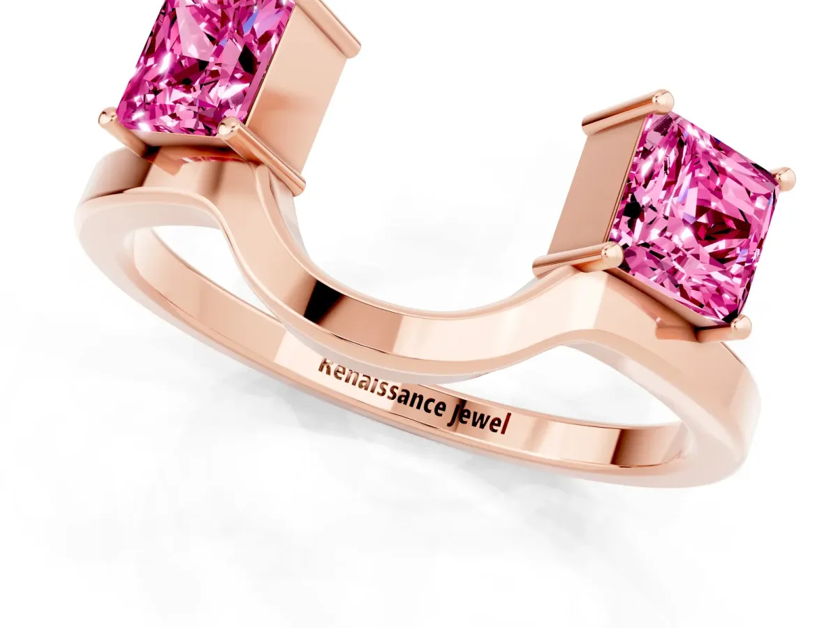 Princess Cut Pink Sapphire Two-Stone Open Band Ring with Four-Prong Setting Rose gold