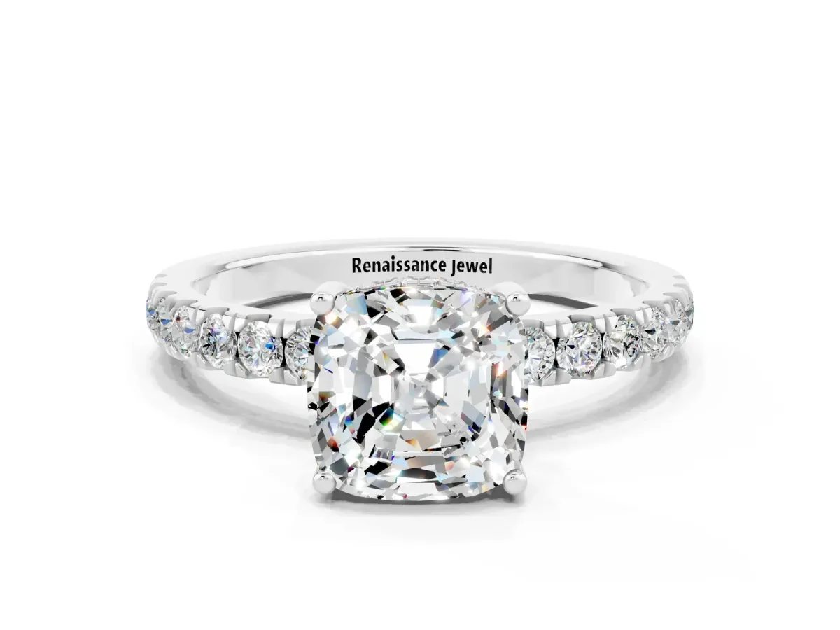 Cushion Cut Moissanite Pave Band Solitaire Ring with Round and Prong Setting Platinum
