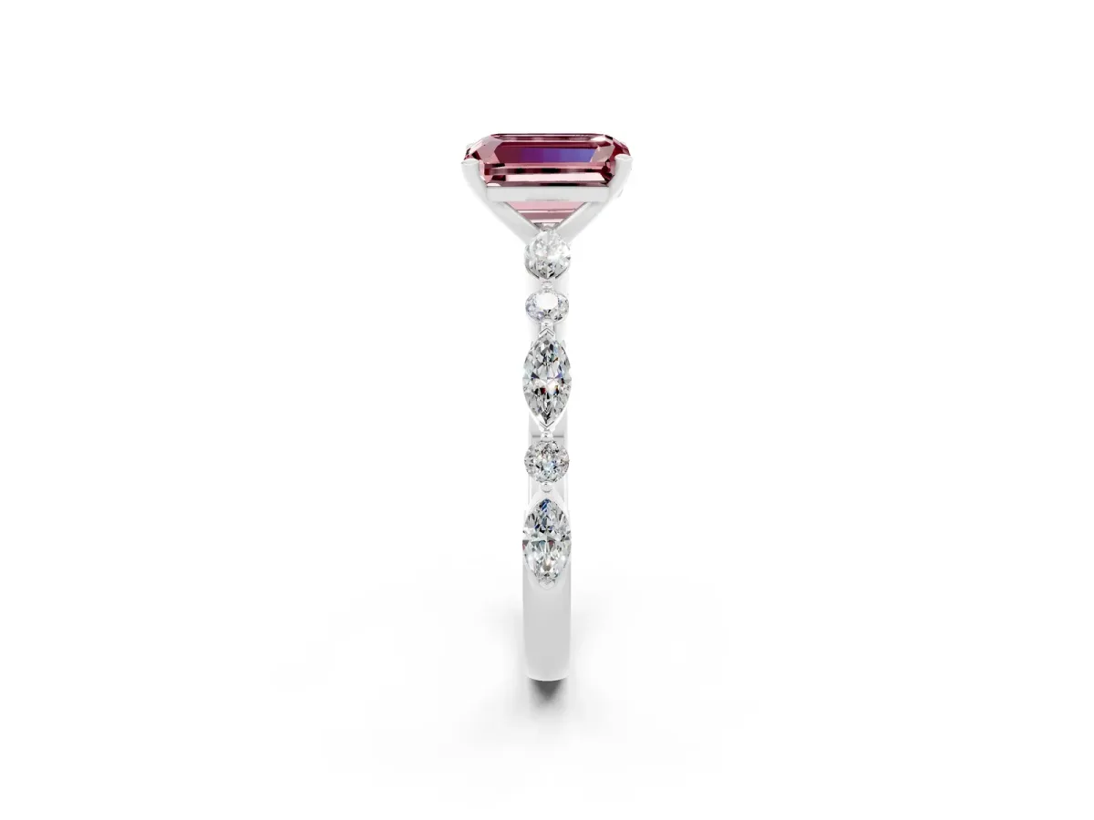 Emerald Cut Morganite Ring with Marquise and Round Side Stones and Four-Prong Setting Platinum