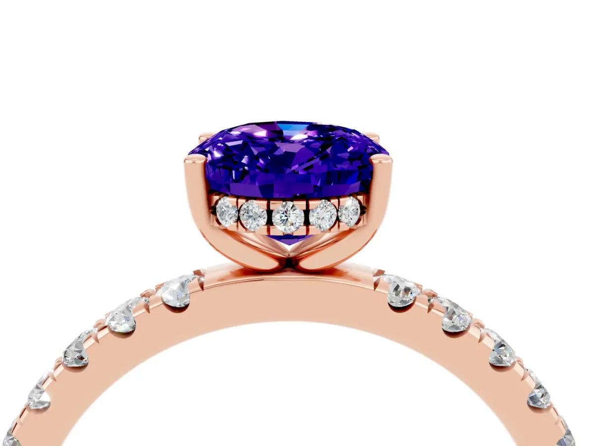 Oval Cut Tanzanite Pave Band Solitaire Ring with Round and Prong Setting Rose gold