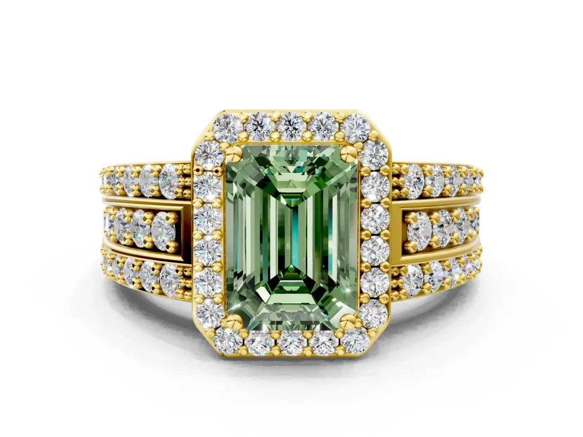 Fancy Green Emerald Cut Halo Diamond Ring with Round Split Shank and Prong Setting Yellow gold