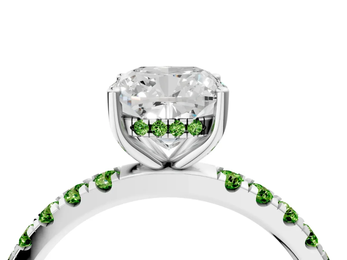Cushion Cut Diamond Pave Band Solitaire Ring with Round Peridot and Prong Setting White gold
