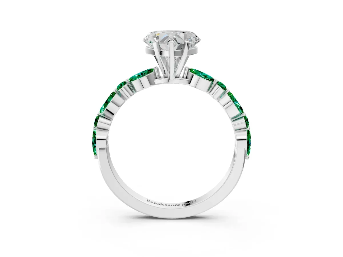 Heart Cut Diamond Ring with Marquise and Round Emerald Side Stones and Four-Prong Setting Platinum