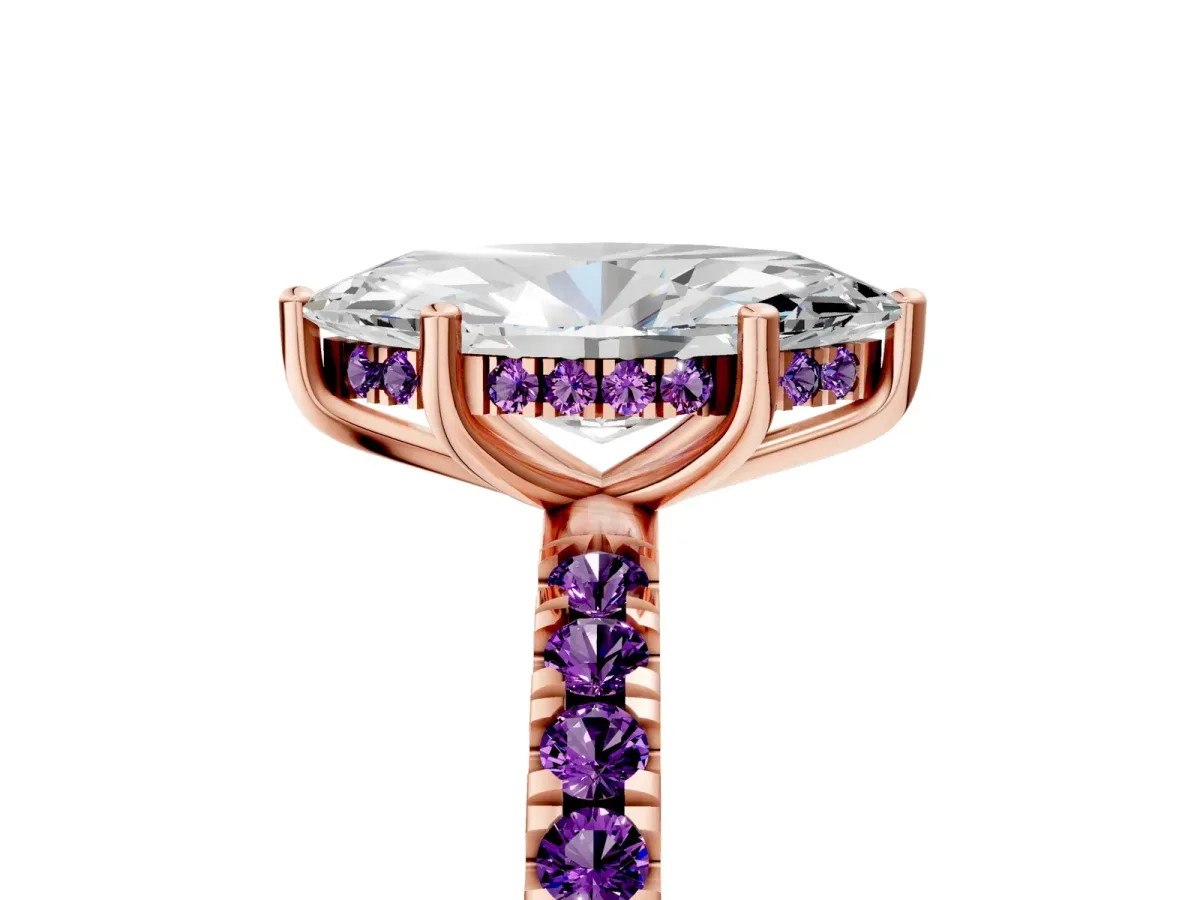 Marquise Cut Diamond Pave Band Solitaire Ring with Round Amethyst and Prong Setting Rose gold