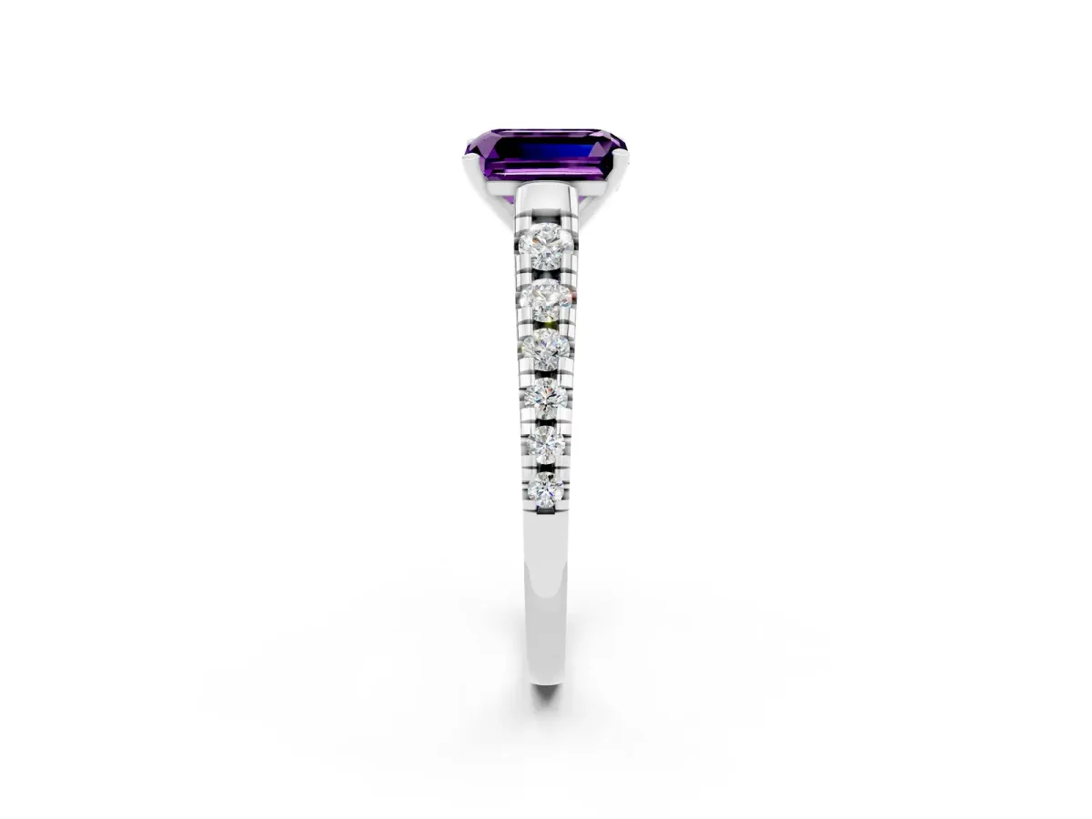 Emerald Cut Amethyst Cathedral Solitaire Ring with Round Pavé Band Silver