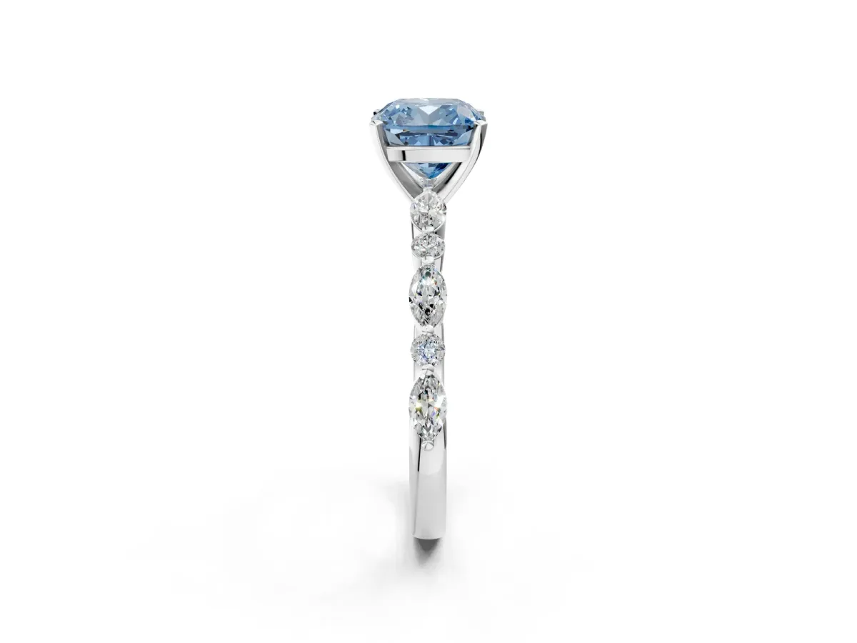 Fancy Blue Cushion Cut Diamond Ring with Marquise and Round Side Stones and Four-Prong Setting Platinum