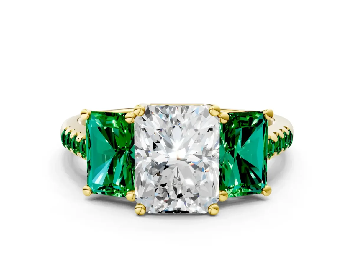 Three-Stone Radiant Cut Diamond Ring with Round Emerald Pavé Band and Prong Setting Yellow gold