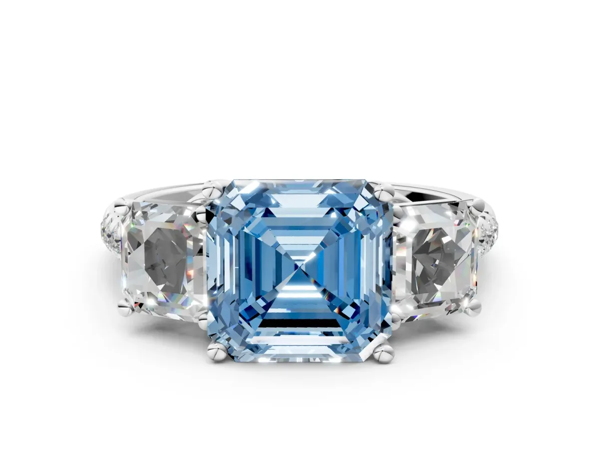 Fancy Blue Three-Stone Asscher Cut Diamond Ring with Round Pavé Band and Prong Setting White gold