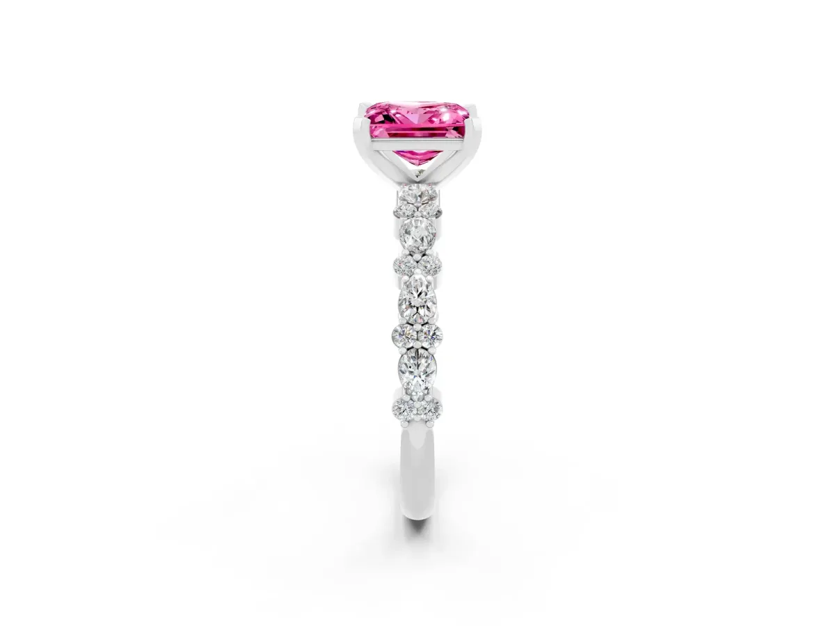 Princess Cut Pink Sapphire Side Stone Solitaire Ring with Round and Four-Prong Setting Platinum