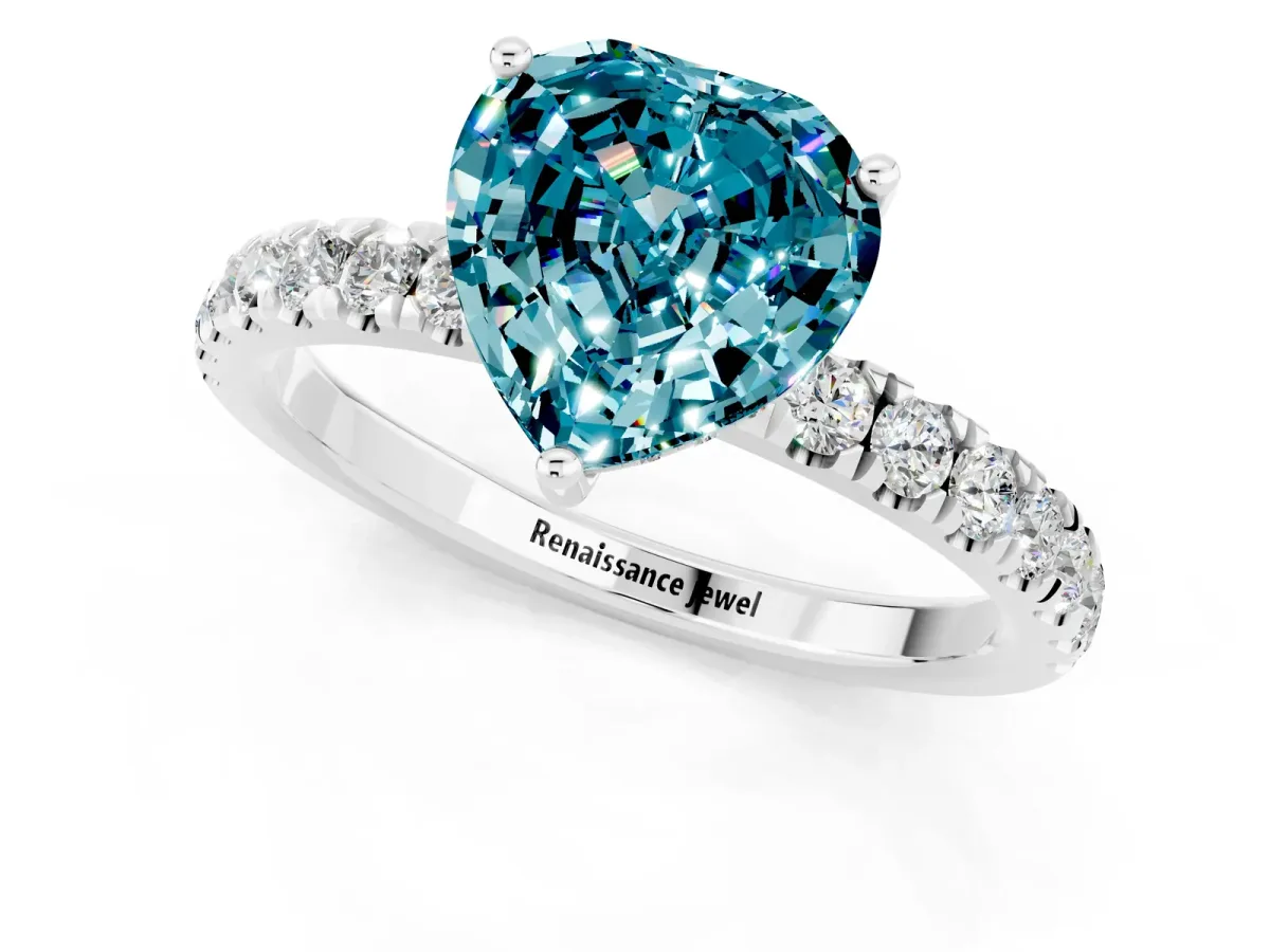 Heart Cut Blue Topaz Pave Band Solitaire Ring with Round and Prong Setting Platinum