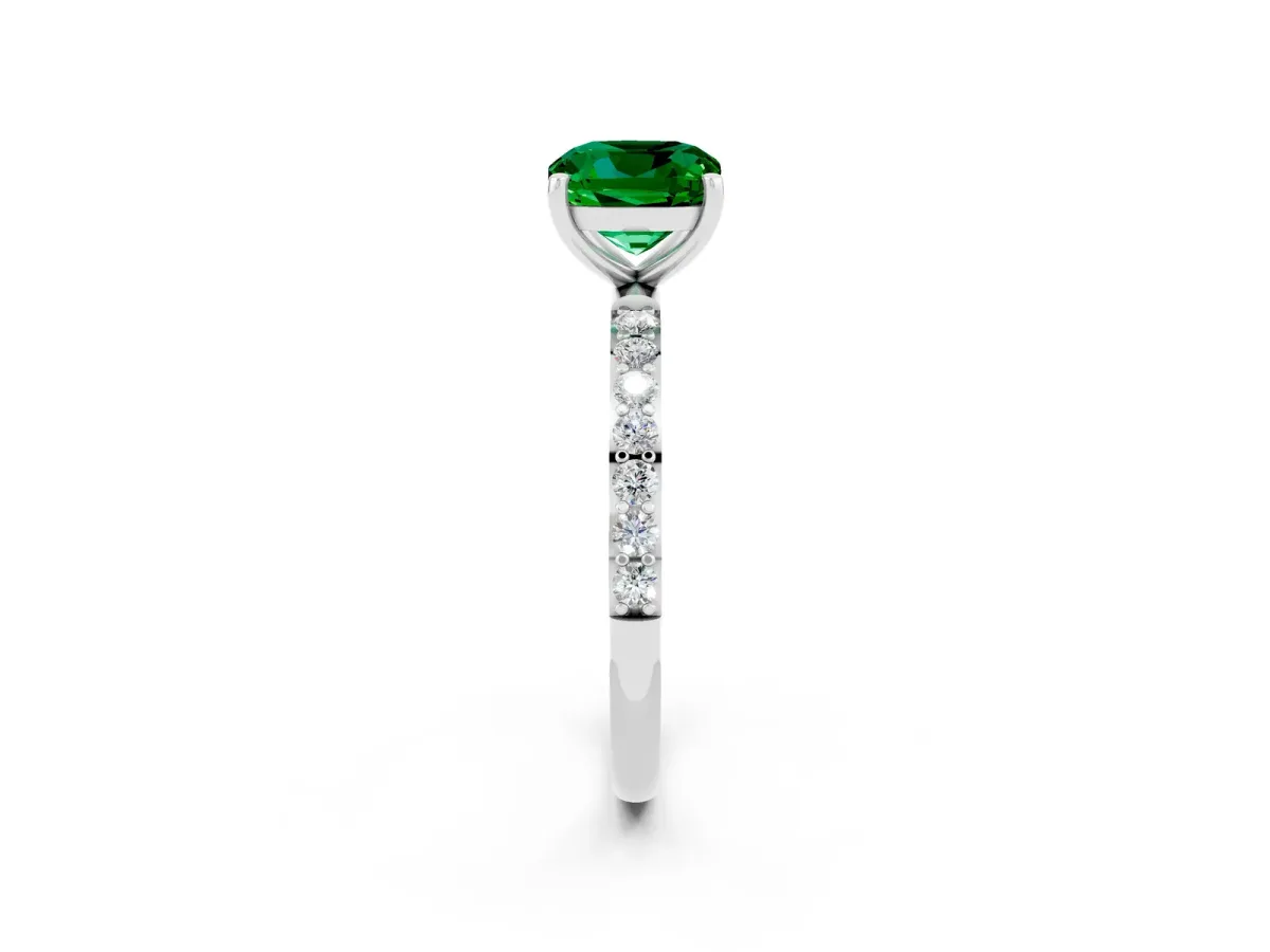 Cushion Cut Emerald Solitaire Ring with Round Pavé Band and Prong Setting White gold