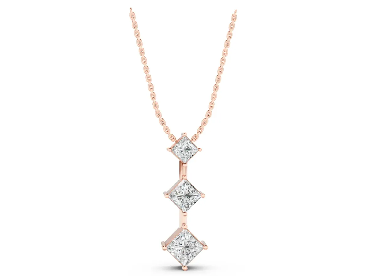 Three-Stone Princess Cut Diamond Pendant with Four-Prong Setting Rose gold
