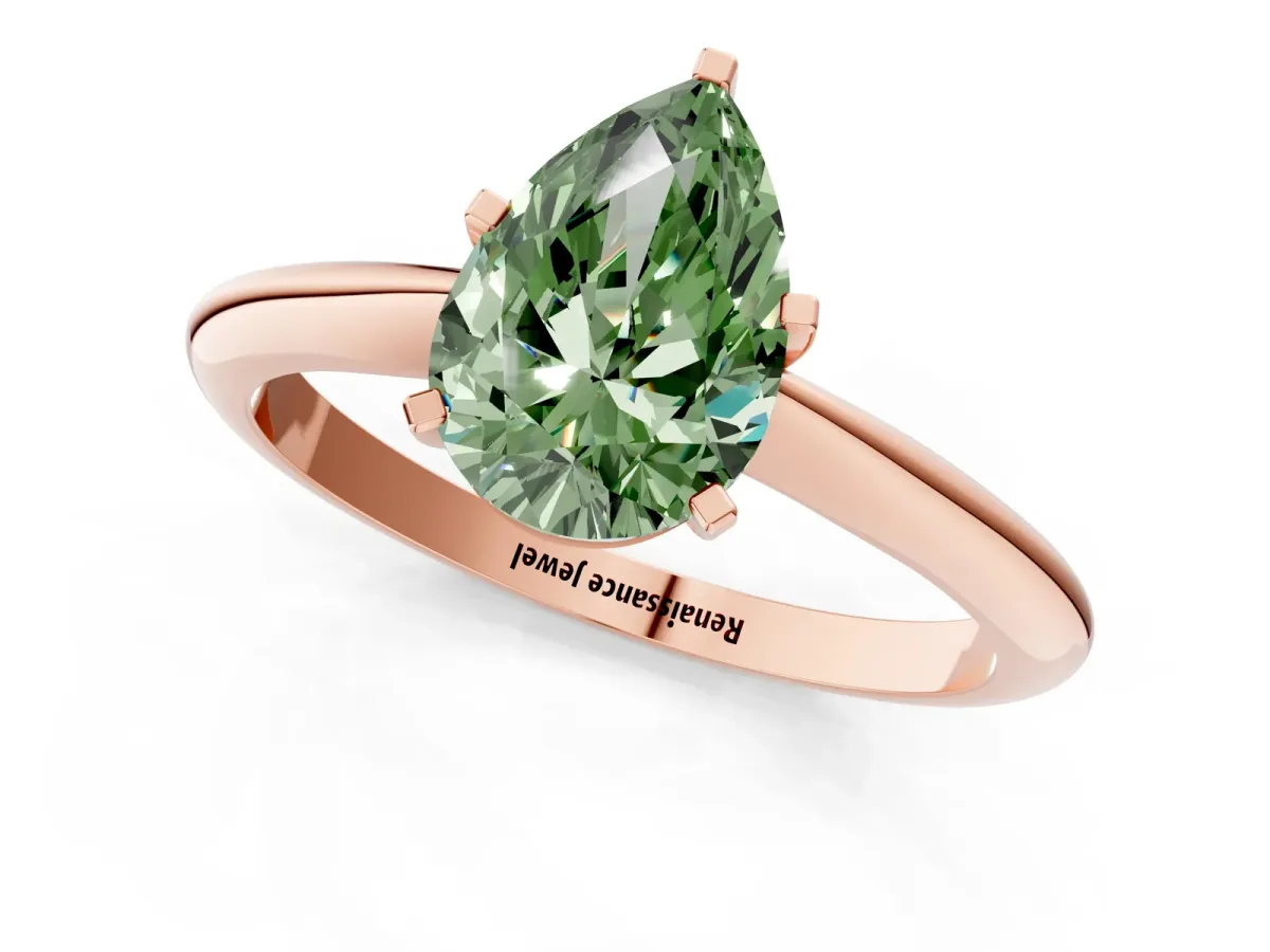 Fancy Green Pear Cut Diamond Solitaire Engagement Ring with Classic Band and Four-Prong Setting Rose gold
