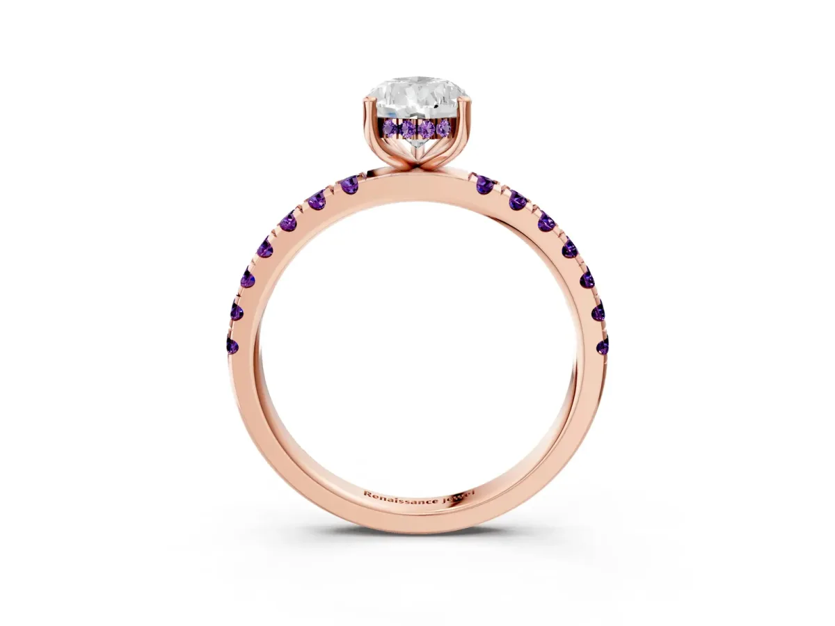 Pear Cut Diamond Pave Band Solitaire Ring with Round Amethyst and Prong Setting Rose gold