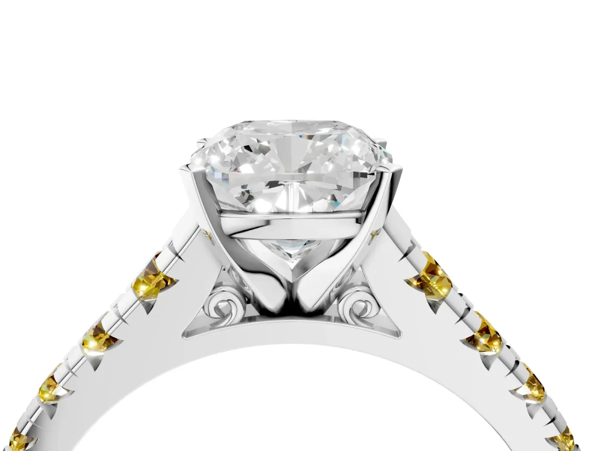 Cushion Cut Diamond Cathedral Solitaire Ring with Round Yellow Sapphire Pavé Band Silver