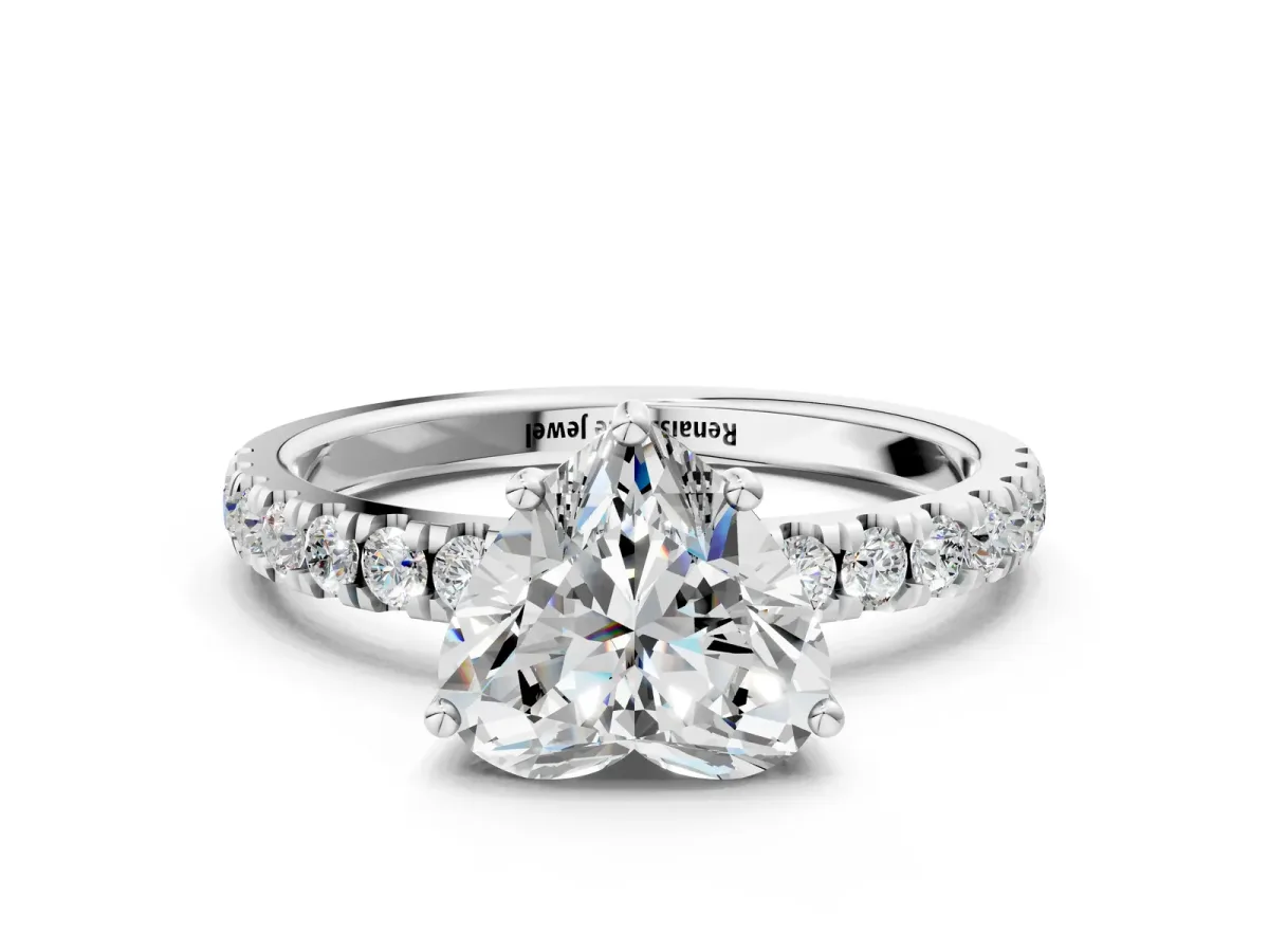 Heart Cut Diamond Pave Band Solitaire Ring with Round Moissanite and Prong Setting Platinum