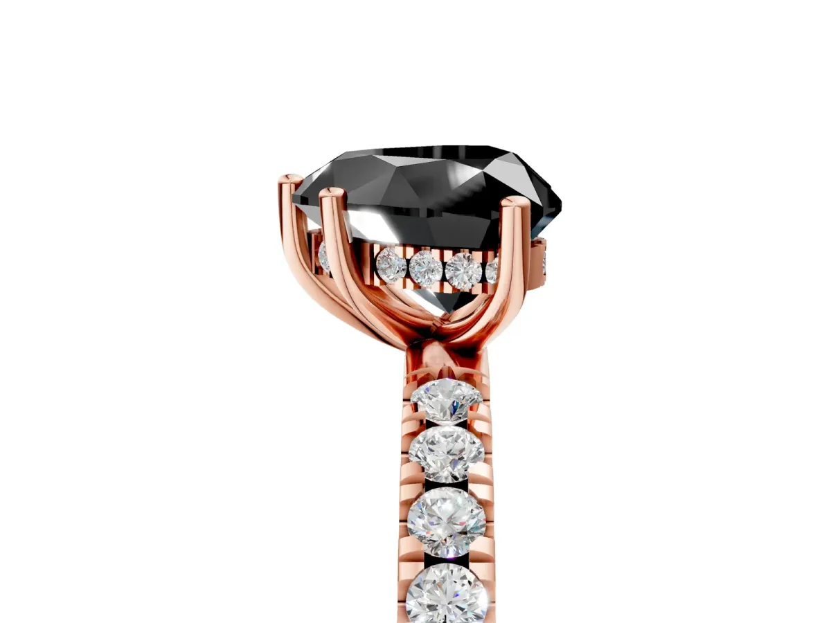 Fancy Black Heart Cut Diamond Pave Band Solitaire Ring with Round and Prong Setting Rose gold