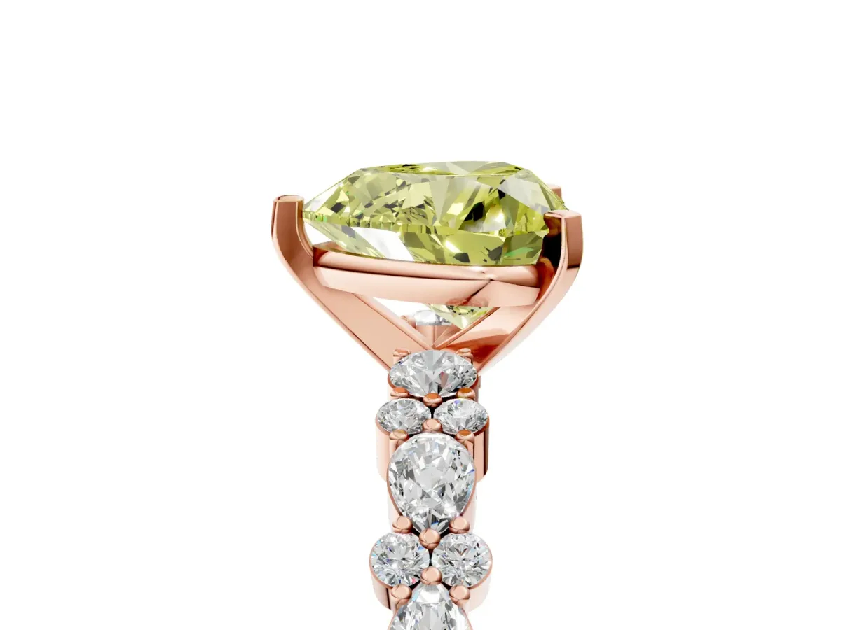 Fancy Yellow Heart Cut Diamond Side Stone Solitaire Ring with Round and Four-Prong Setting Rose gold