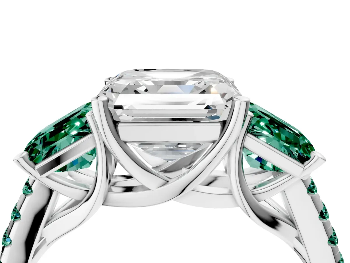 Three-Stone Asscher Cut Diamond Ring with Round Green Sapphire Pavé Band and Prong Setting Silver