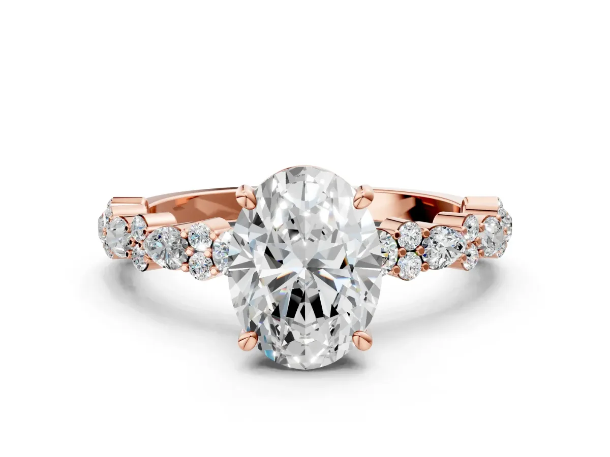 Oval Cut Diamond Side Stone Solitaire Ring with Round Moissanite and Four-Prong Setting Rose gold