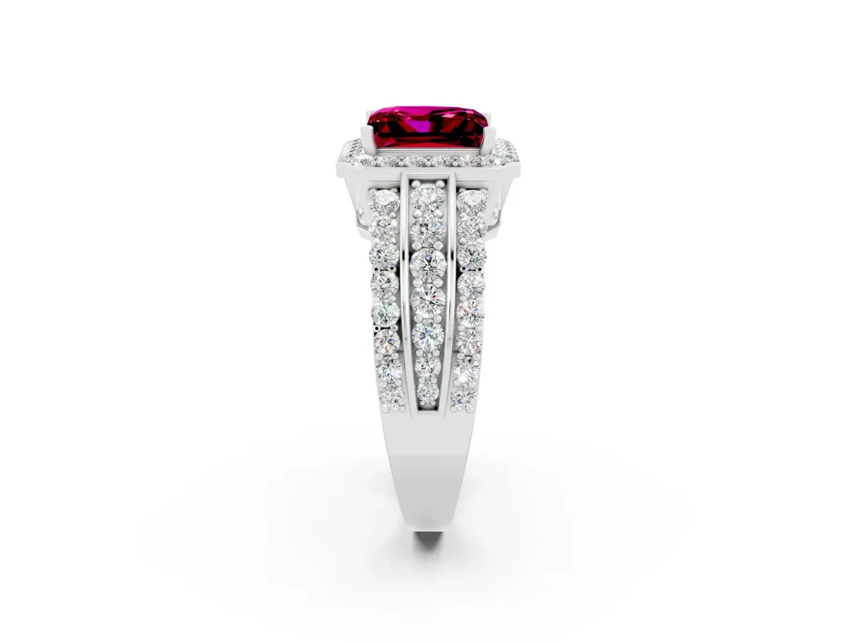 Princess Cut Halo Garnet Ring with Round Split Shank and Prong Setting Silver