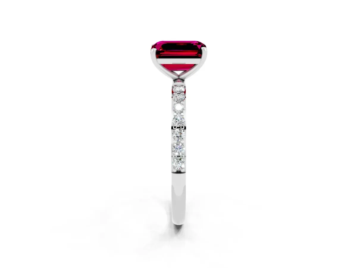 Emerald Cut Garnet Solitaire Ring with Round Pavé Band and Prong Setting Platinum