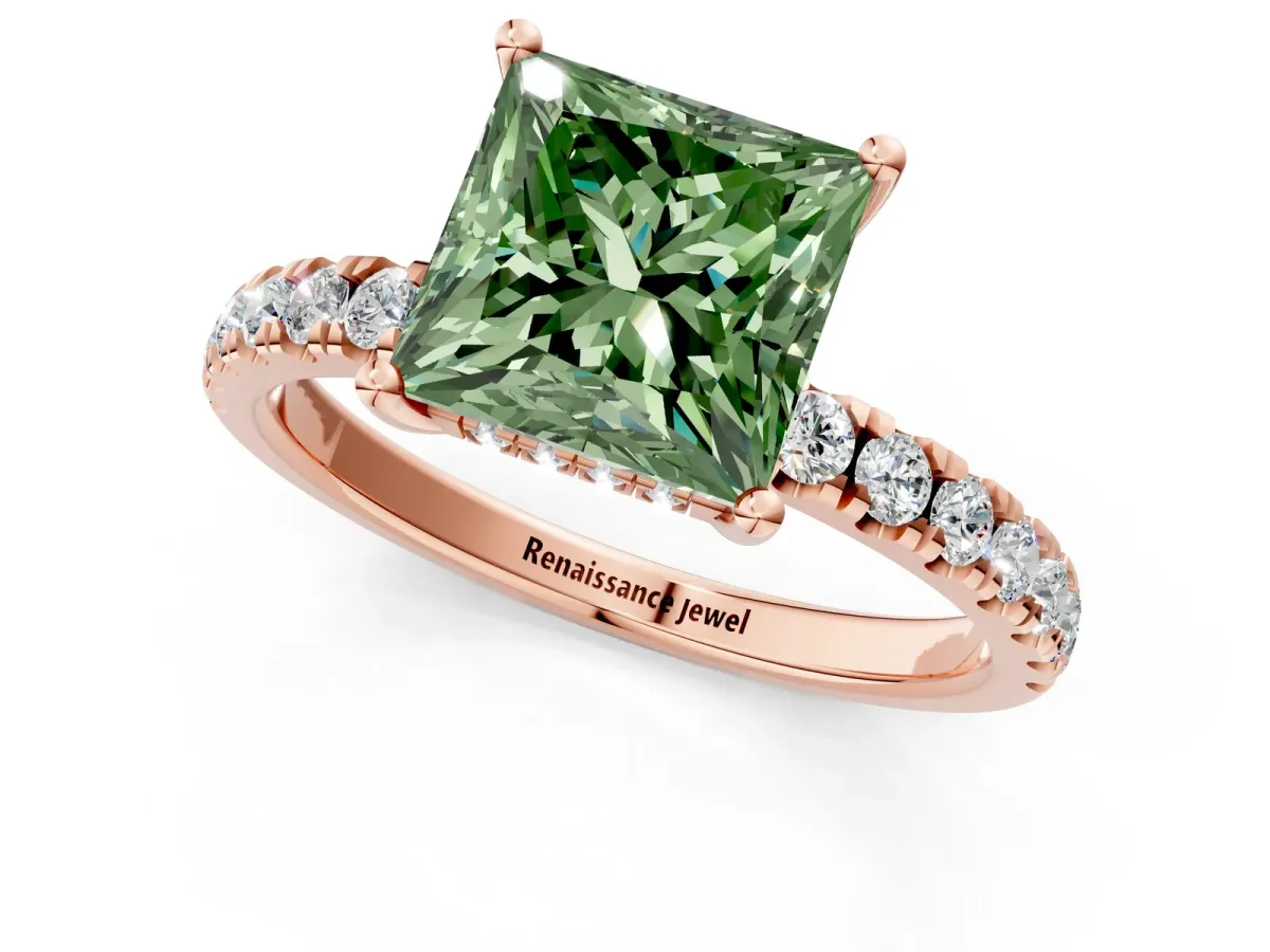 Fancy Green Princess Cut Diamond Pave Band Solitaire Ring with Round and Prong Setting Rose gold