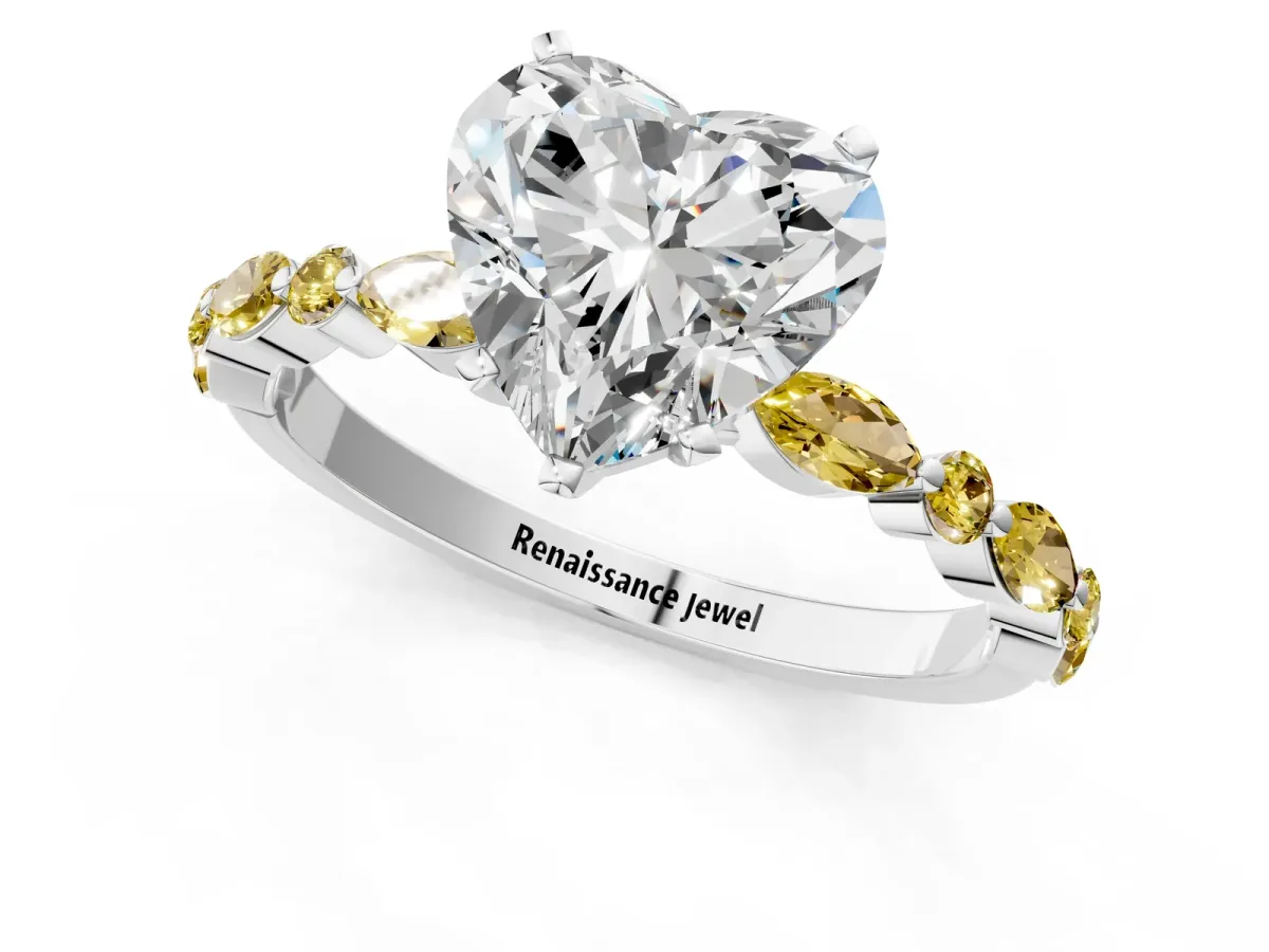 Heart Cut Diamond Ring with Marquise and Round Yellow Sapphire Side Stones and Four-Prong Setting Silver