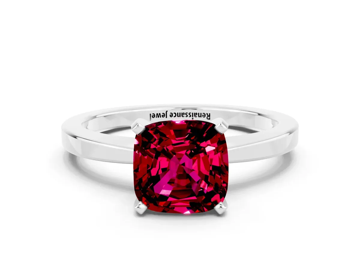 Cushion Cut Garnet Solitaire Engagement Ring with Classic Band and Four-Prong Setting Silver