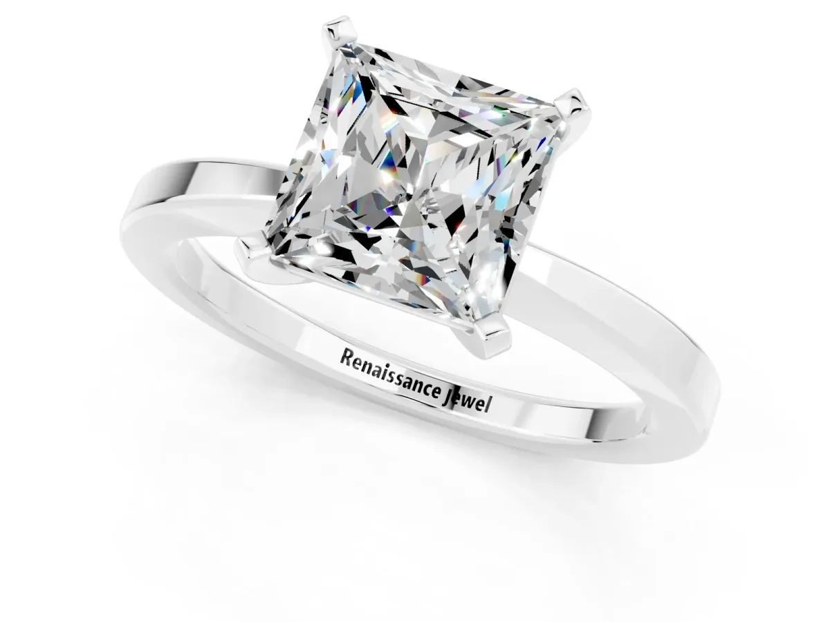 Princess Cut Moissanite Solitaire Engagement Ring with Classic Band and Four-Prong Setting Silver
