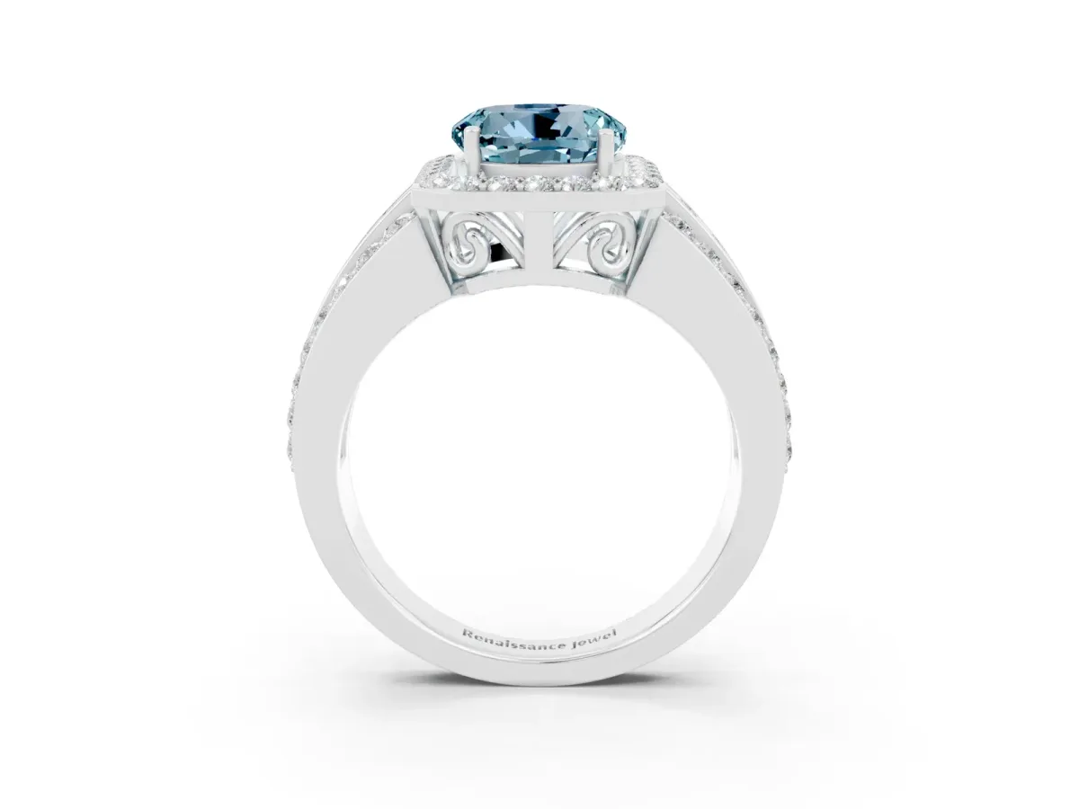 Round Cut Halo Aquamarine Ring with Round Split Shank and Prong Setting Platinum