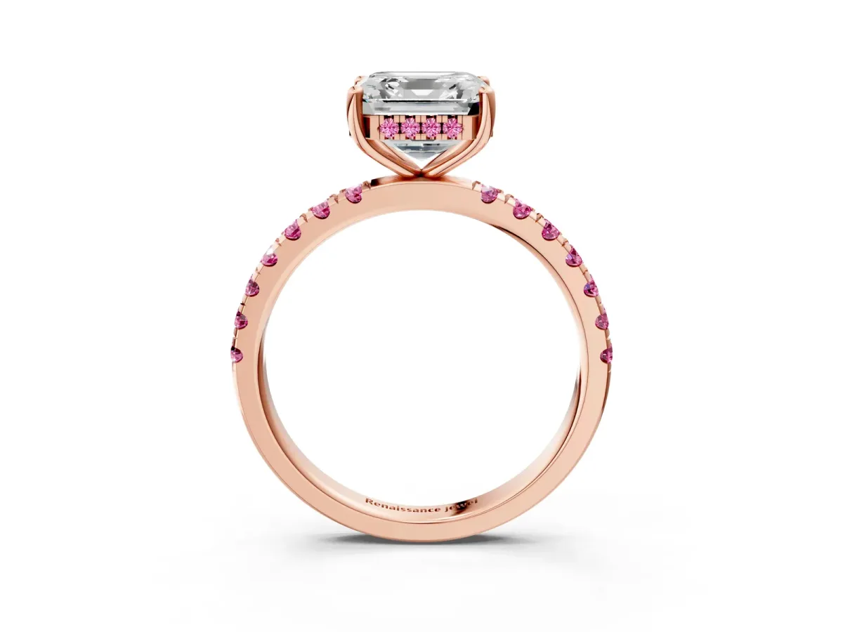 Asscher Cut Diamond Pave Band Solitaire Ring with Round Pink Sapphire and Prong Setting Rose gold
